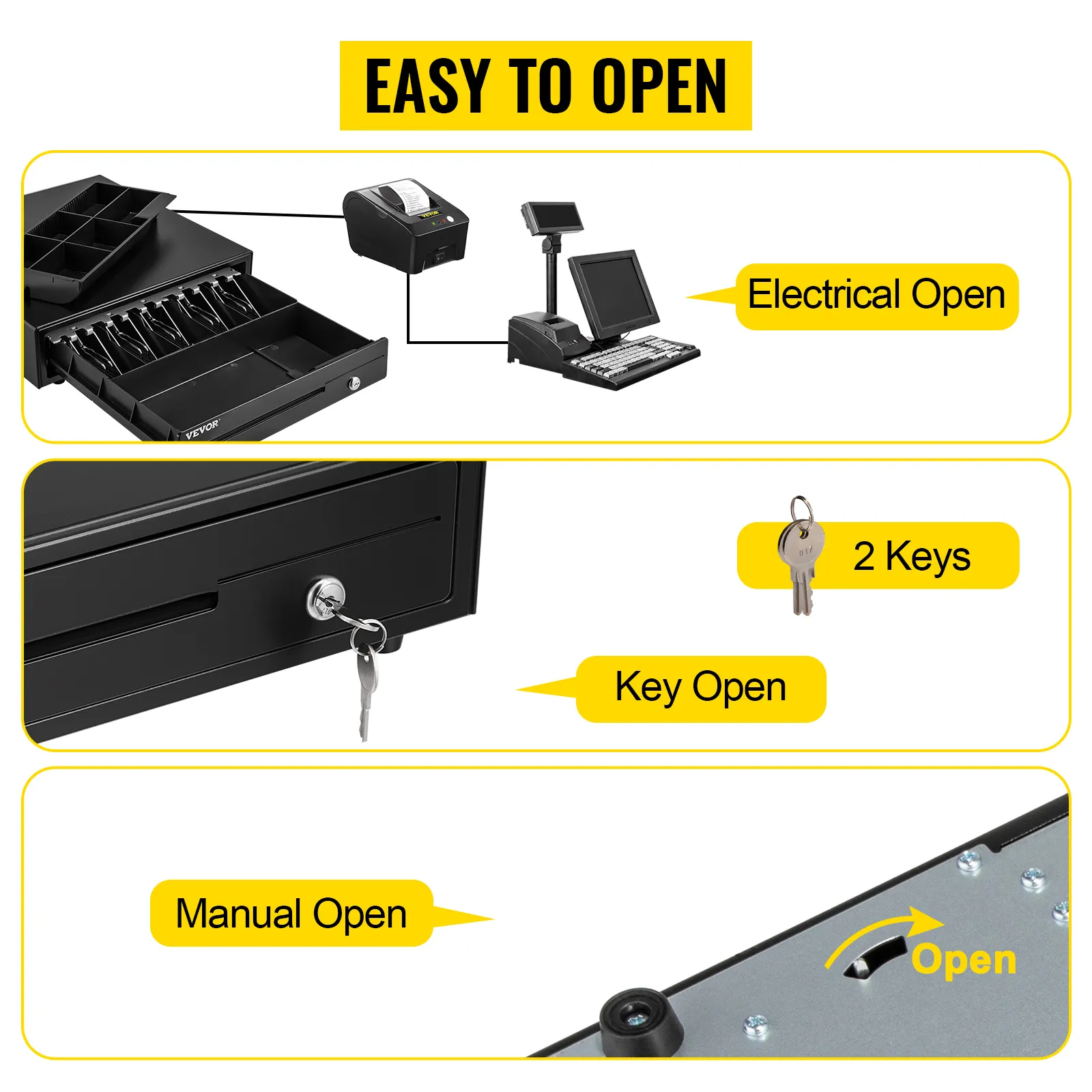 VEVOR cash register drawer with electrical, key, and manual open options, shown with keys and hardware.
