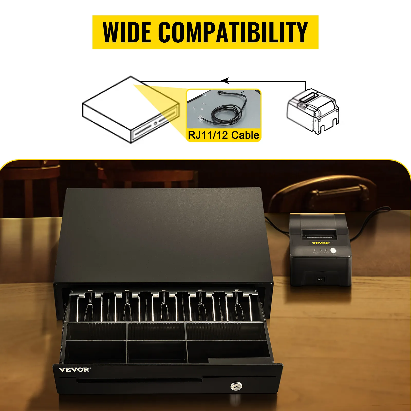 VEVOR cash register drawer with wide compatibility, rj11/12 cable, and secure compartments.