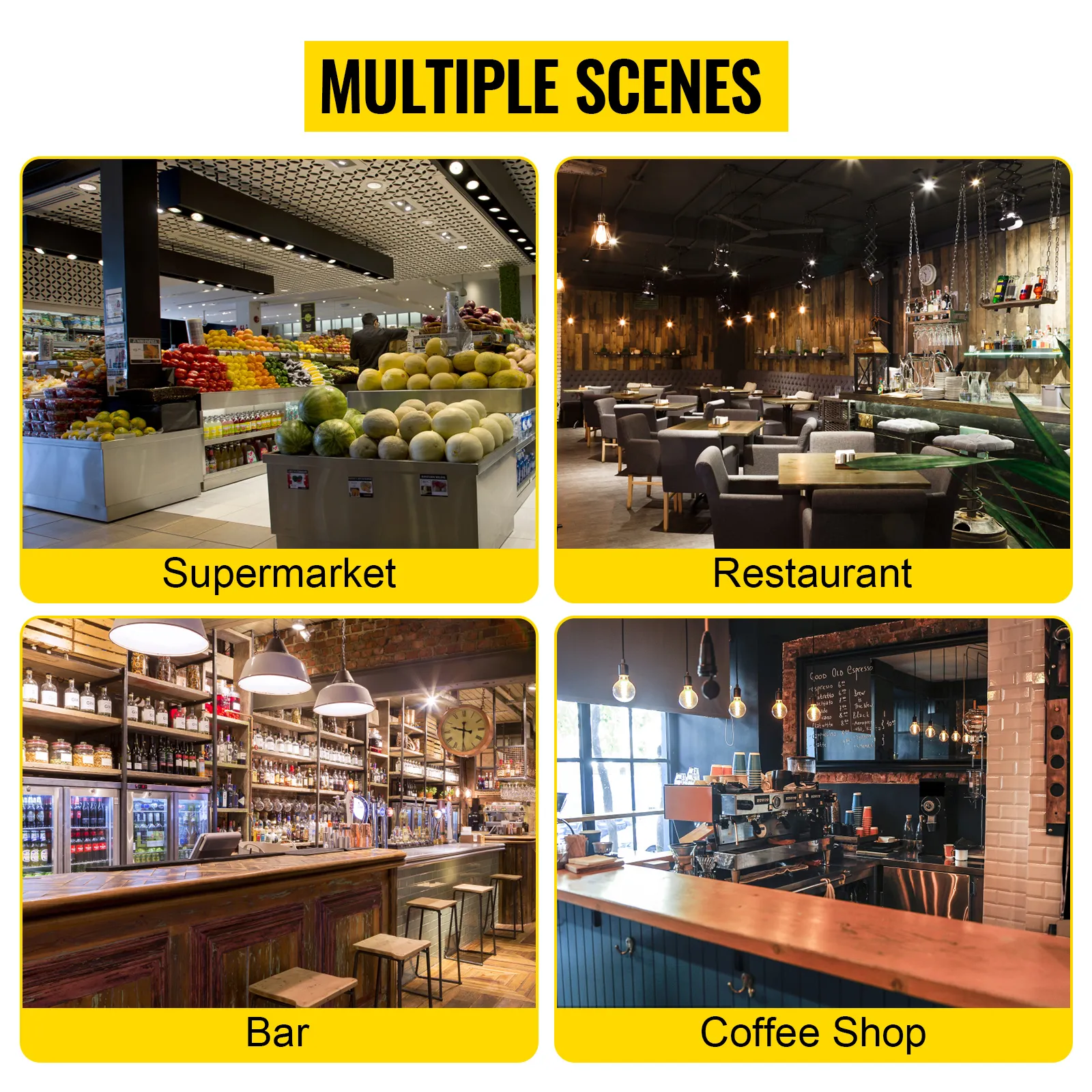 multiple scenes using VEVOR cash register drawer: supermarket, restaurant, bar, and coffee shop.