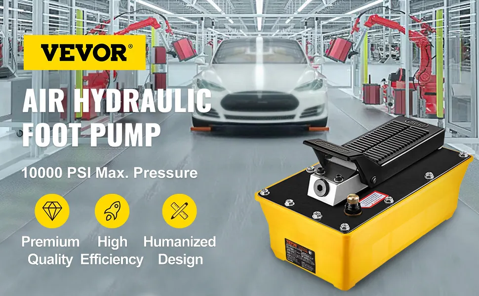 VEVOR air hydraulic foot pump with 10000 psi max pressure in an industrial setting.