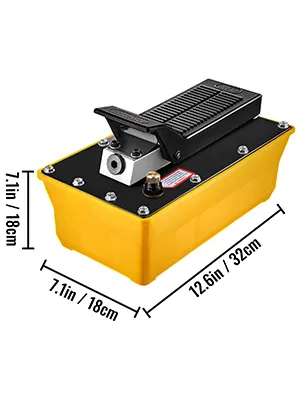yellow VEVOR air hydraulic pump with dimensions: 12.6"x7.1"x7.1".