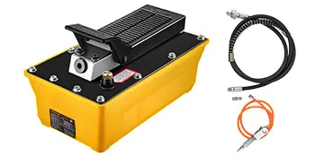 VEVOR air hydraulic pump with hoses and fittings, featuring a yellow tank and black pedal.