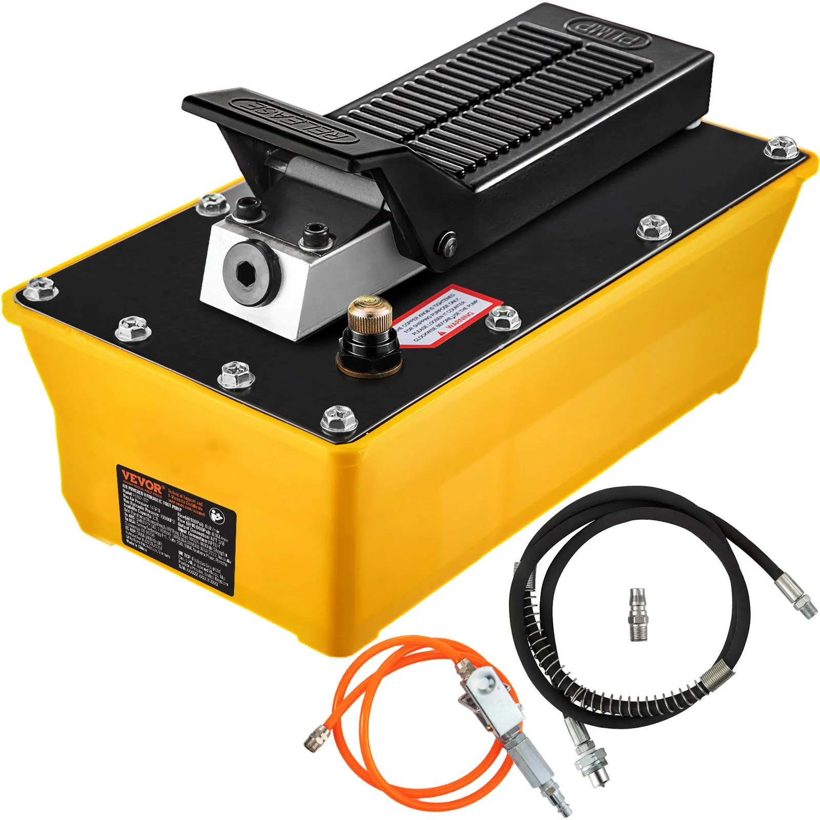 yellow VEVOR air hydraulic pump with black foot pedal and additional hoses.