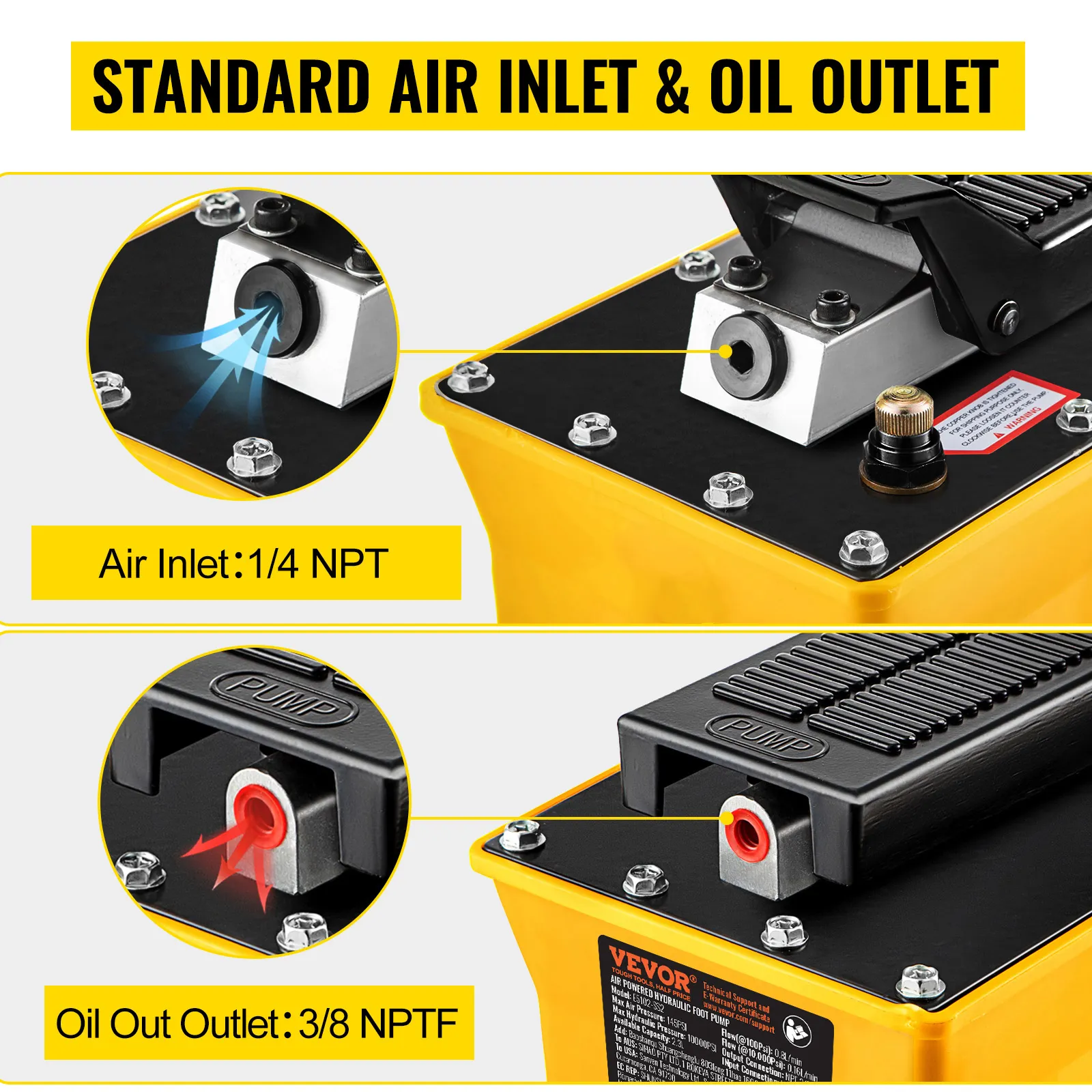 VEVOR air hydraulic pump with 1/4 npt air inlet and 3/8 nptf oil outlet.