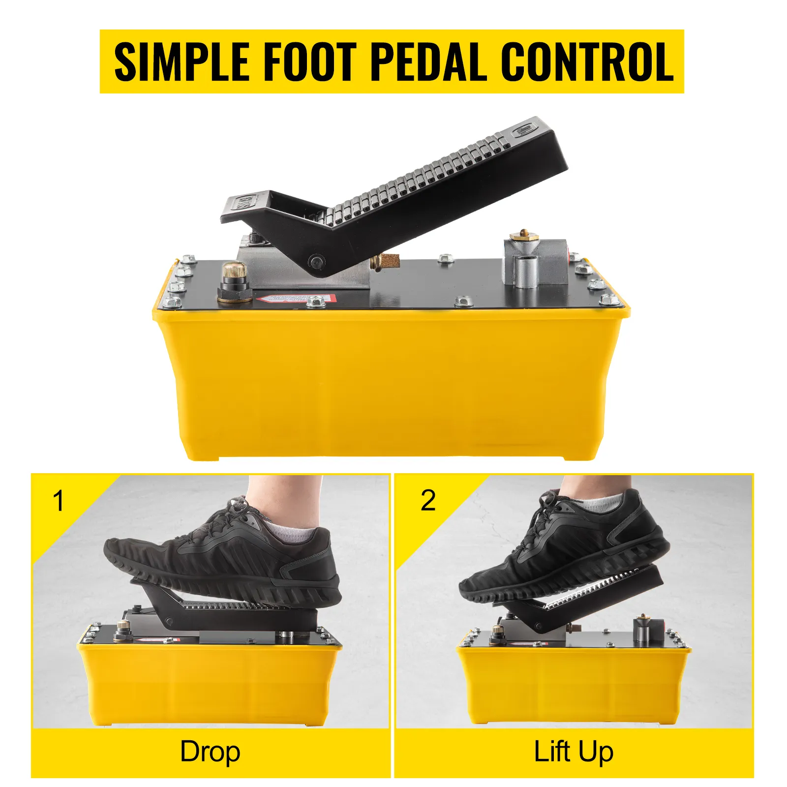 VEVOR air hydraulic pump with simple foot pedal control, showing drop and lift functions.