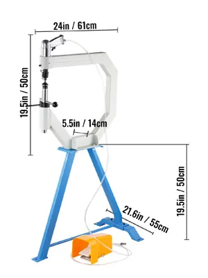 VEVOR planishing hammer with dimensions: h=50cm, w=61cm, d=14cm, height=50cm.