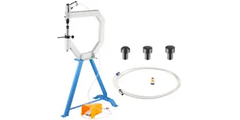 VEVOR planishing hammer with three anvils, foot pedal, and air hose on a stand.