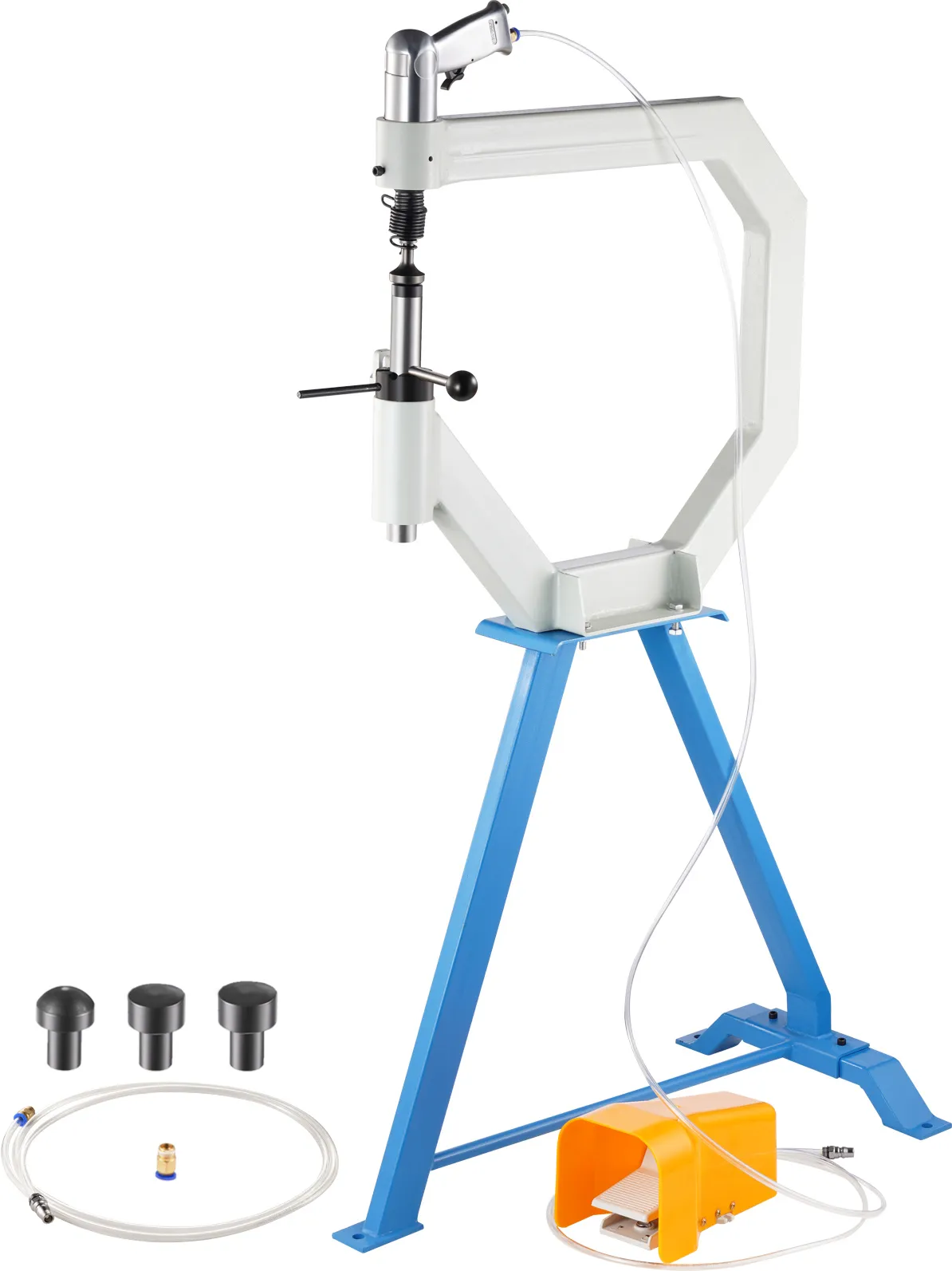 VEVOR planishing hammer with stand, foot pedal, and interchangeable heads.