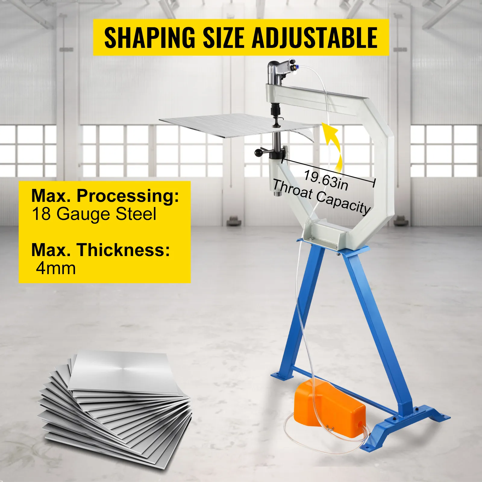 VEVOR planishing hammer with adjustable shaping size, 18-gauge steel, 4mm thickness.