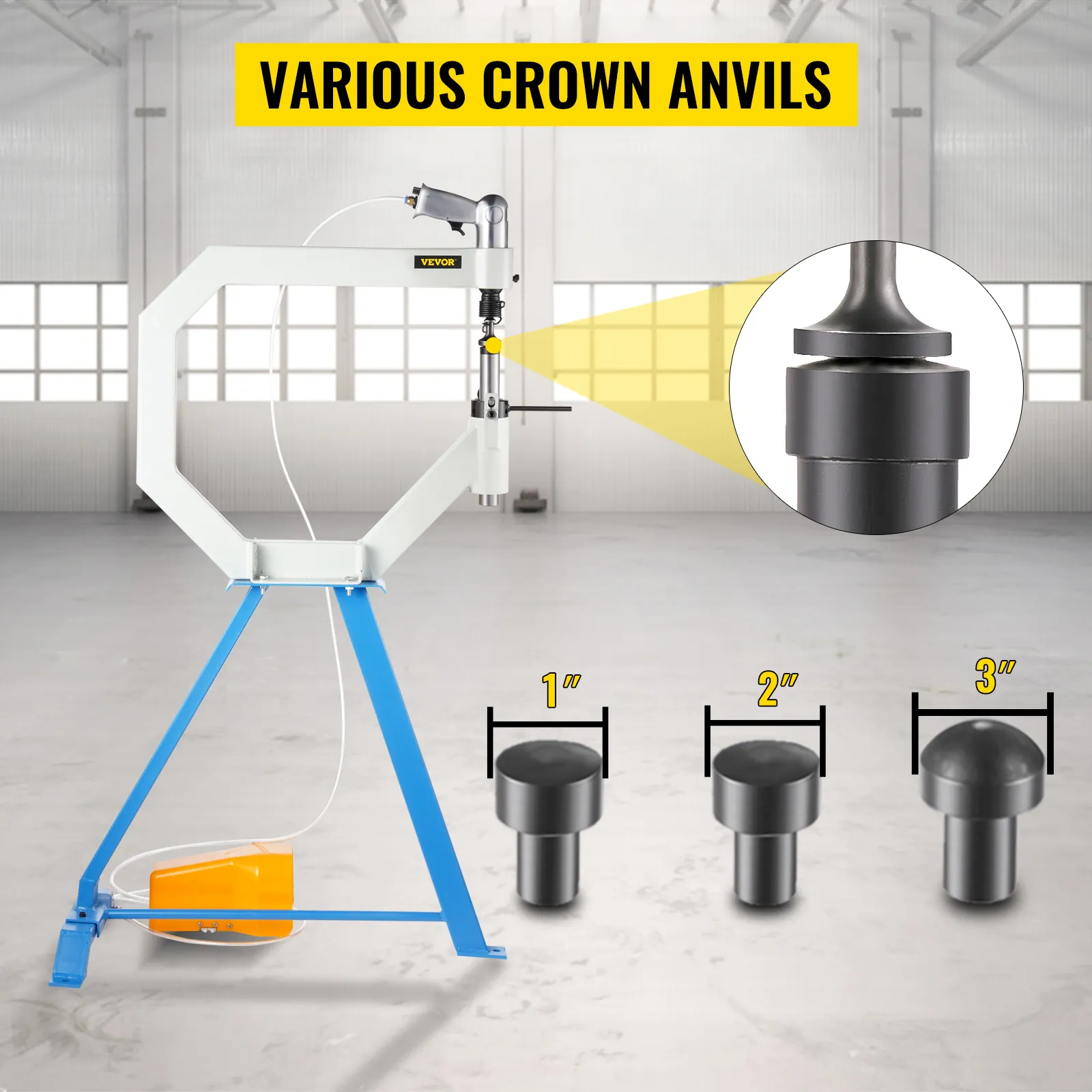 VEVOR planishing hammer with various crown anvils in a workshop setting.