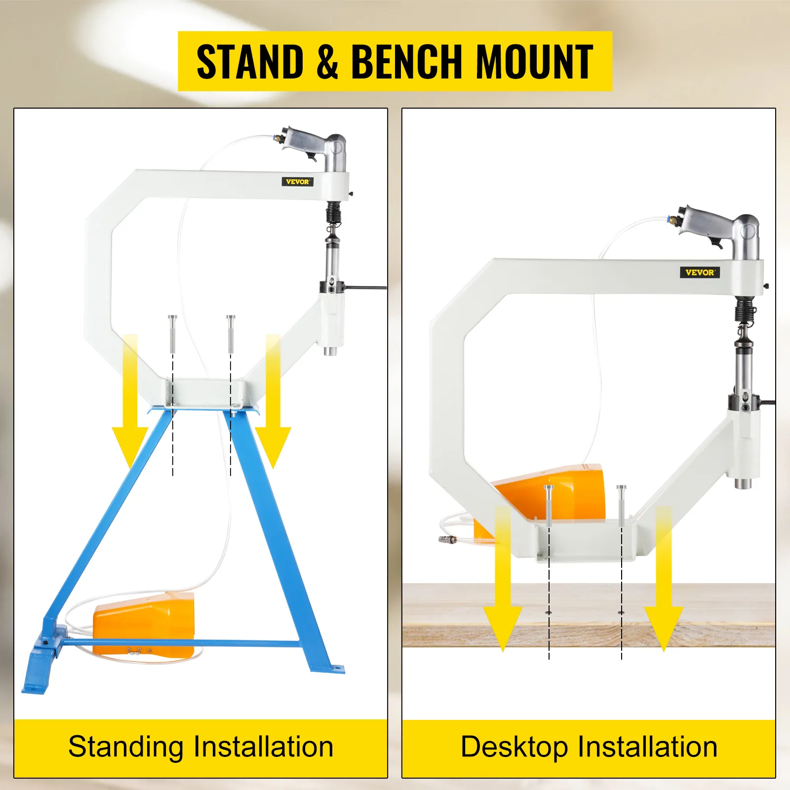 VEVOR planishing hammer with stand and bench mount options for versatile installation.