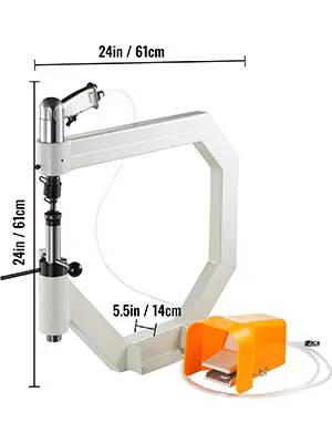 VEVOR planishing hammer with foot pedal, 24"x24" dimensions, white and orange.