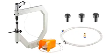 VEVOR planishing hammer with accessories including foot pedal, hoses, and die set.
