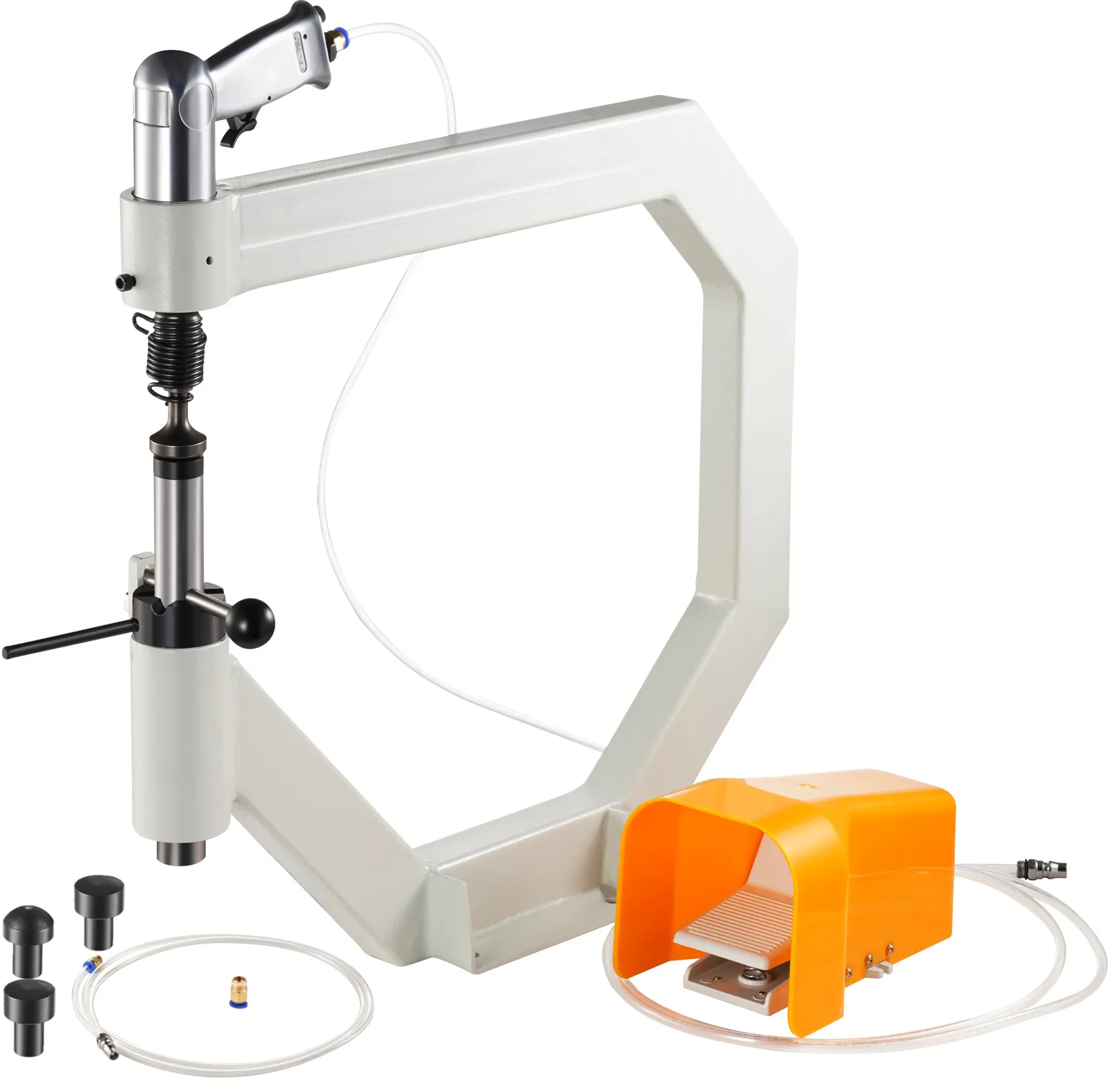 VEVOR planishing hammer with frame, interchangeable heads, and foot pedal control