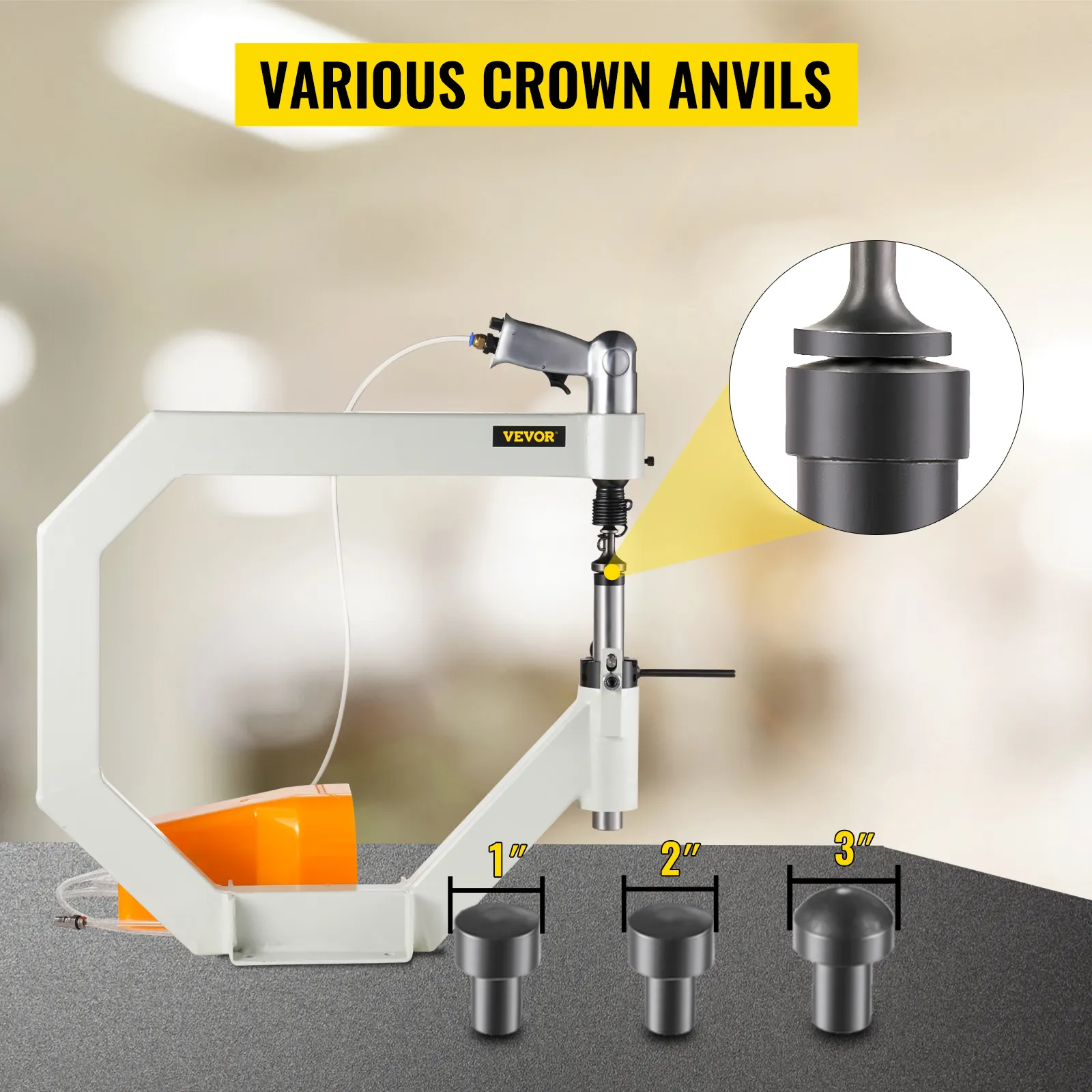 VEVOR planishing hammer with various crown anvils sizes 1", 2", and 3".