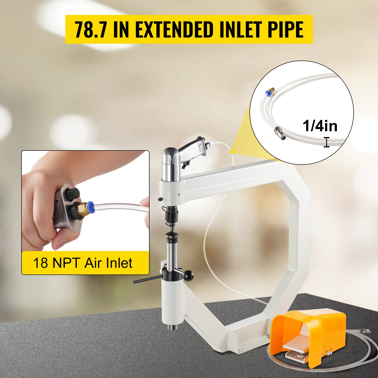 VEVOR planishing hammer with 78.7in extended inlet pipe and 1/4in npt air inlet.
