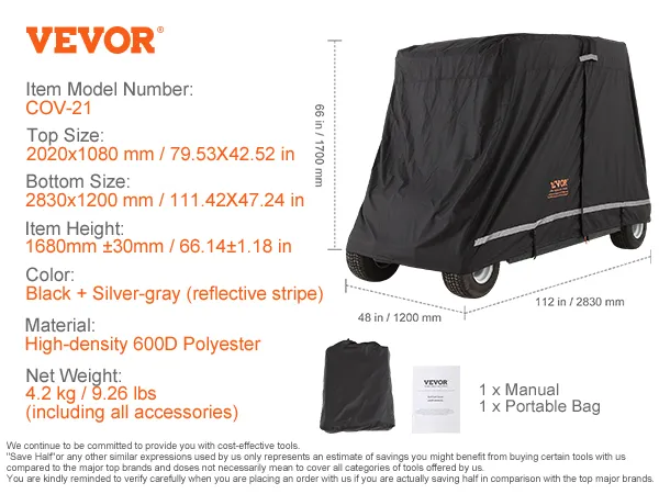 VEVOR-Golfwagen-Abdeckung, schwarz mit reflektierendem Streifen, 600d Polyester, inkl. Handbuch und tragbarer Tasche.