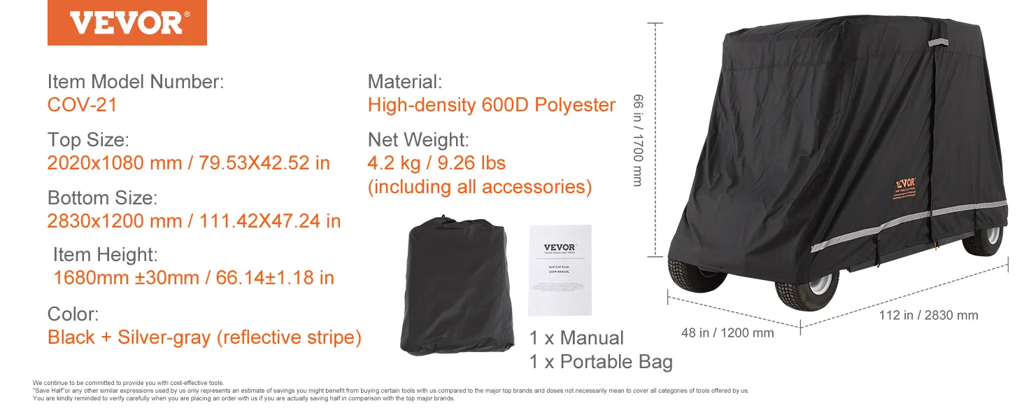 VEVOR-Golfwagen-Abdeckung, schwarz mit reflektierendem Streifen, 600d Polyester, inkl. Handbuch und tragbarer Tasche.