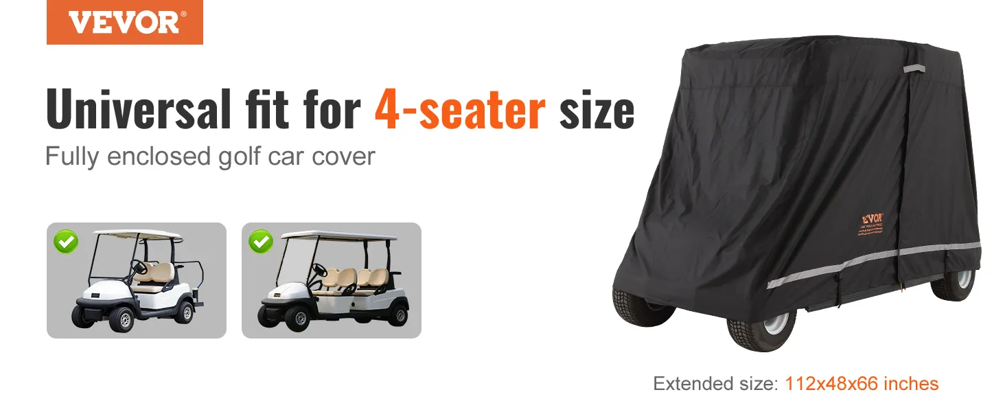 VEVOR-Golfwagen-Abdeckung für 4-Sitzer-Wagen, vollständig geschlossener Schutz. Erweiterte Größe: 112 x 48 x 66 Zoll.
