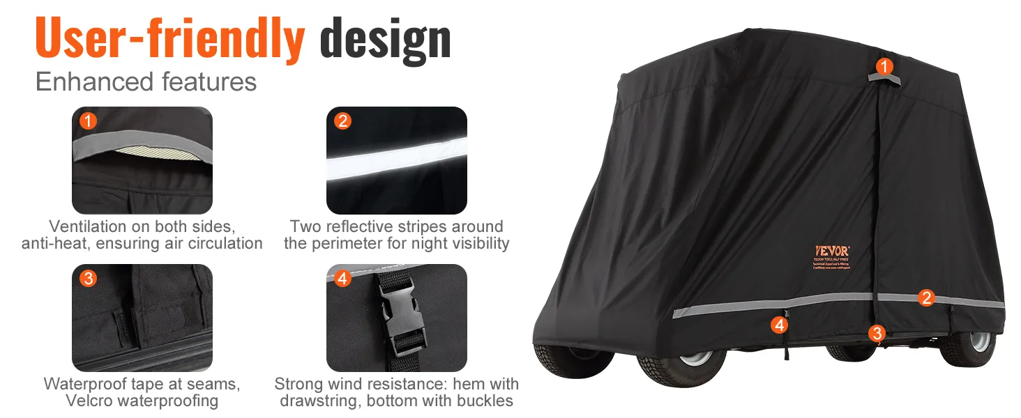 VEVOR-Golfwagen-Abdeckung mit Belüftung, reflektierenden Streifen, wasserdichten Nähten und starker Windbeständigkeit.