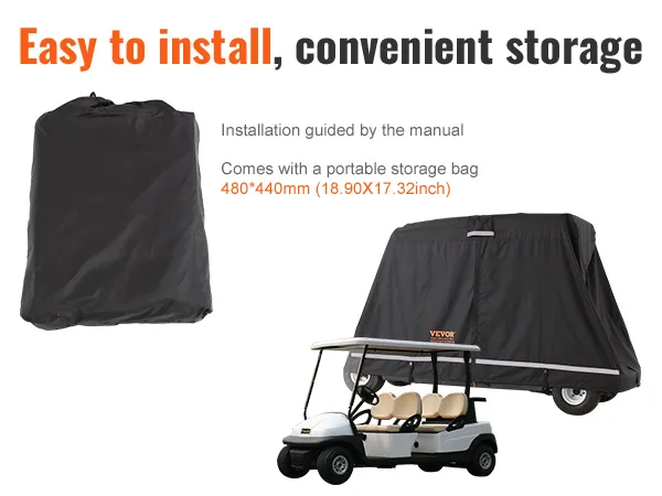 Leicht zu installierende VEVOR-Golfwagen-Abdeckung mit tragbarer Aufbewahrungstasche und Größenangaben, passend für Standardwagen.