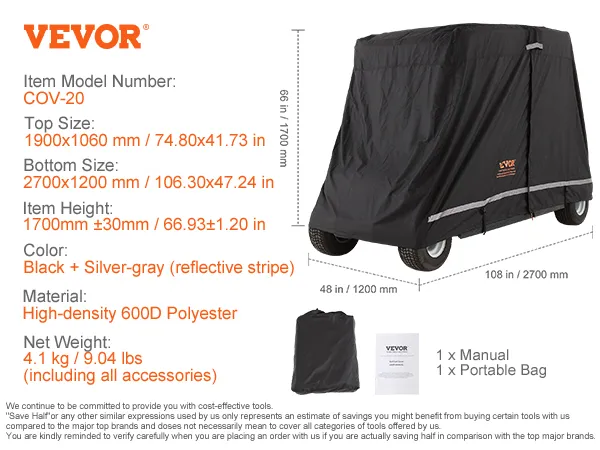 Pokrowiec na wózek golfowy VEVOR ze szczegółami dotyczącymi wymiarów, materiału i wagi. Na zdjęciu widoczny jest pokrowiec, torba i instrukcja.