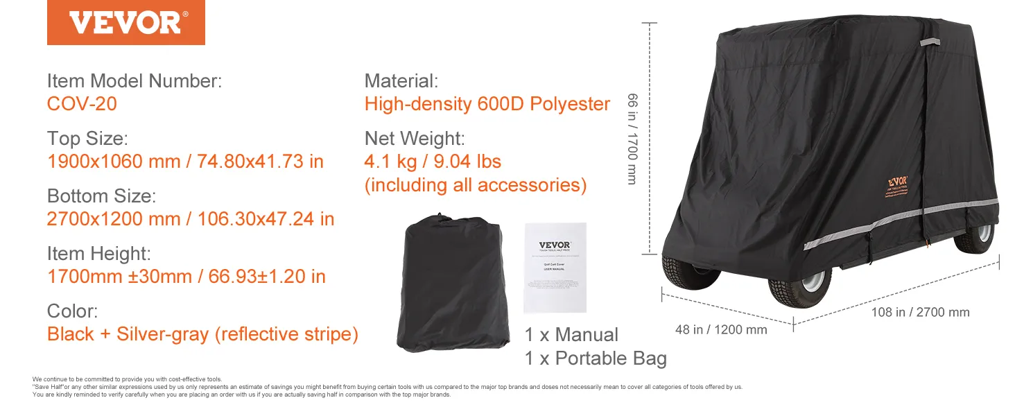 Pokrowiec na wózek golfowy VEVOR ze szczegółami dotyczącymi wymiarów, materiału i wagi. Na zdjęciu widoczny jest pokrowiec, torba i instrukcja.