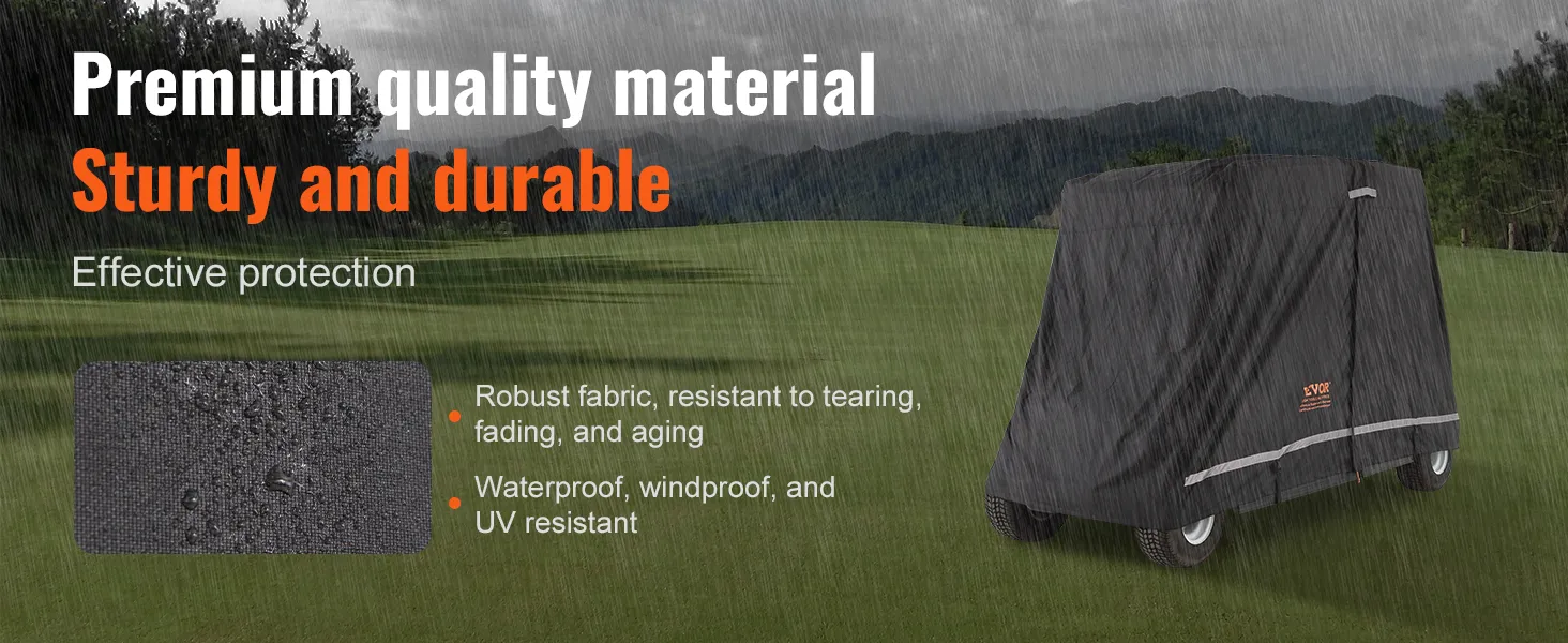 Pokrowiec na wózek golfowy VEVOR chroniący przed deszczem, wykonany z wytrzymałego, wodoodpornego materiału najwyższej jakości, zapewniającego skuteczną ochronę.