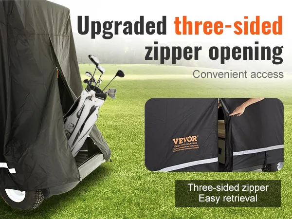 Pokrowiec na wózek golfowy VEVOR z zamkiem błyskawicznym z trzech stron, zapewniający łatwy dostęp i wyjmowanie na polu golfowym.