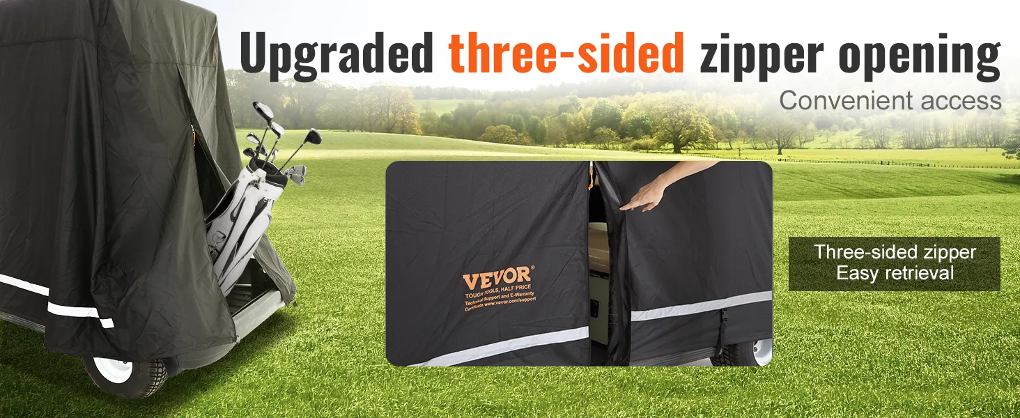 Pokrowiec na wózek golfowy VEVOR z zamkiem błyskawicznym z trzech stron, zapewniający łatwy dostęp i wyjmowanie na polu golfowym.