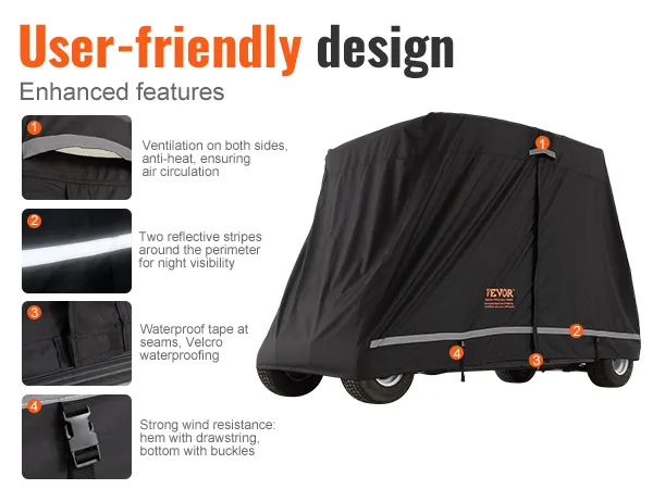 Pokrowiec na wózek golfowy VEVOR z wentylacją, odblaskowymi paskami, wodoodpornymi szwami i wysoką odpornością na wiatr.