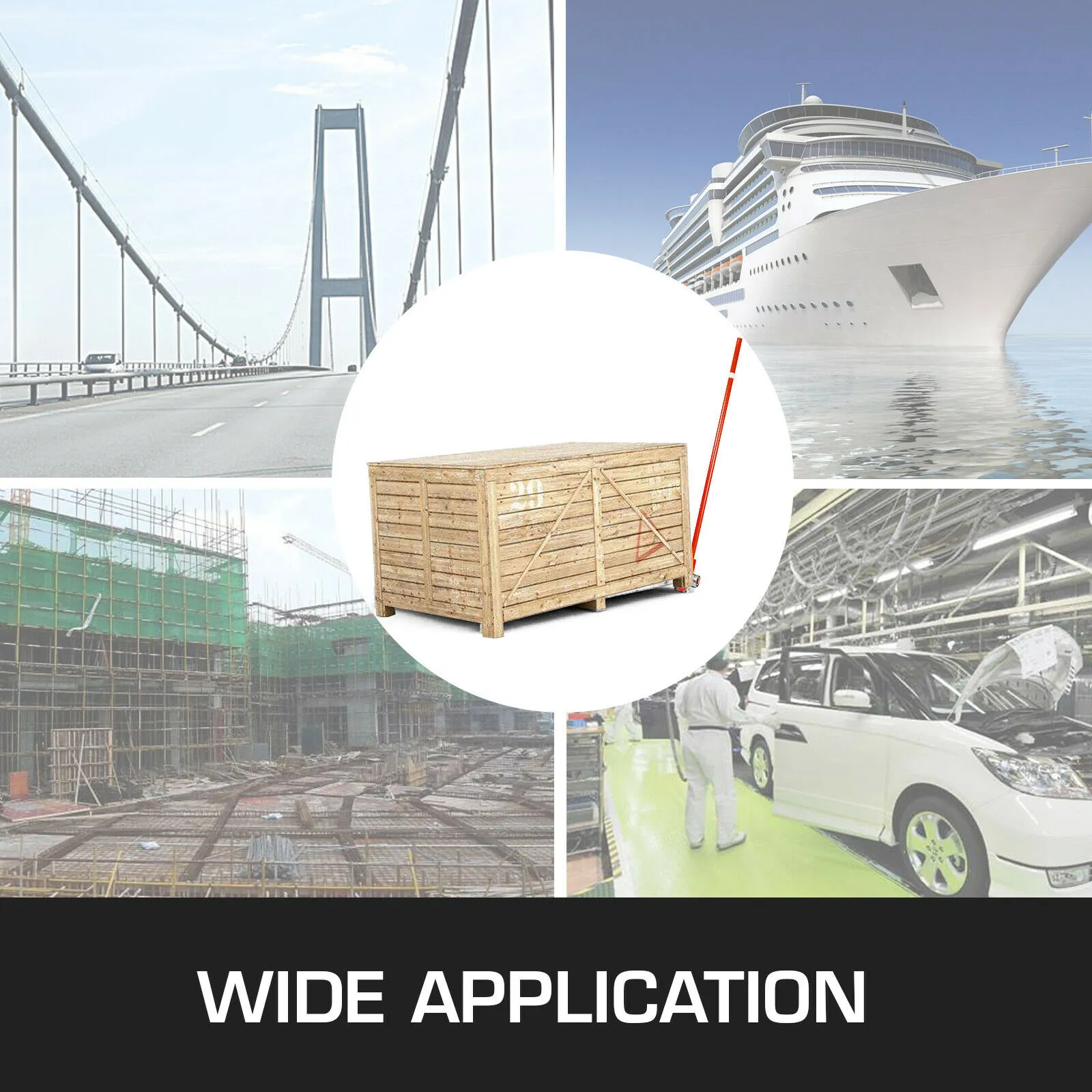 VEVOR prylever bar lifting a wooden crate, with bridge, ship, construction, and factory scenes.