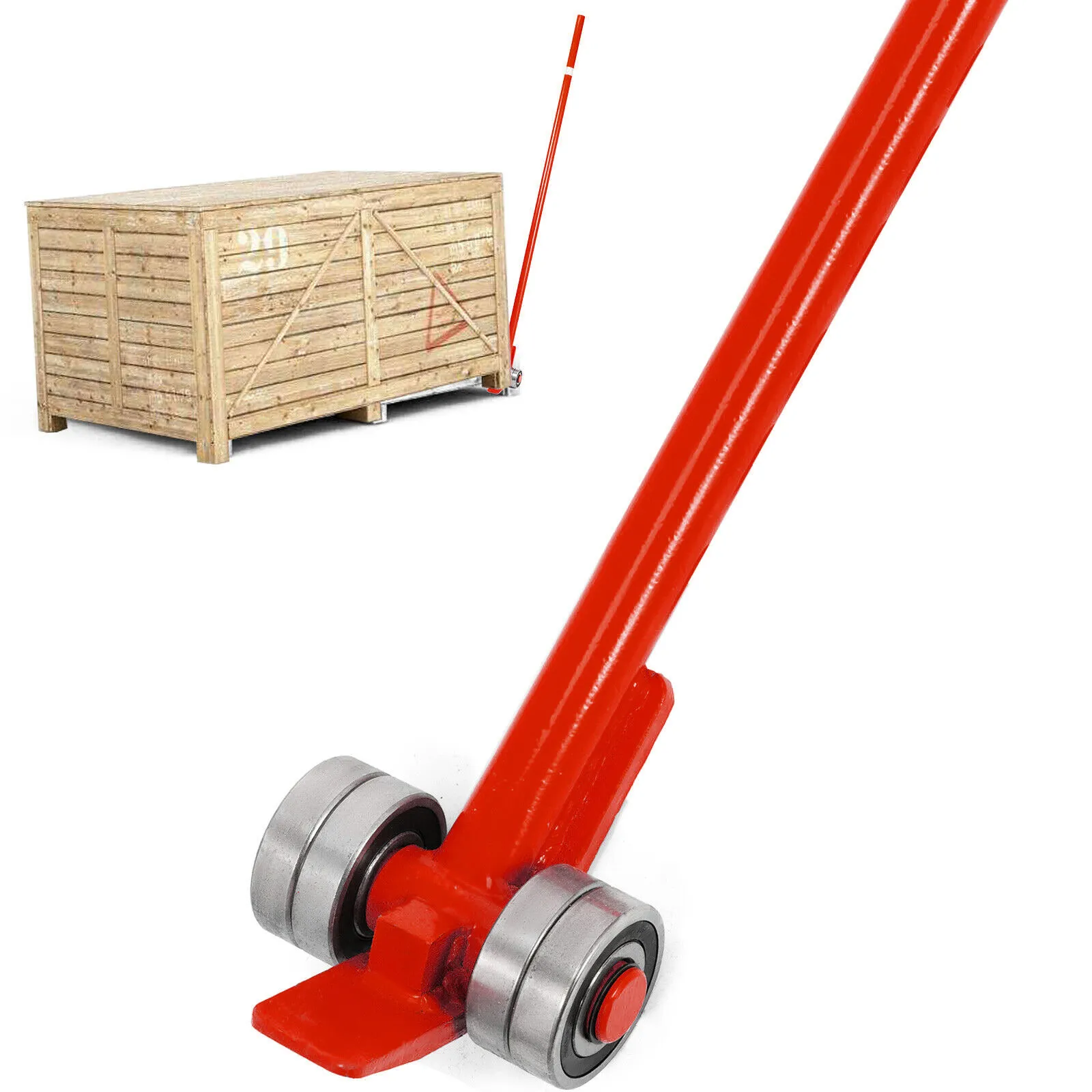 bright red VEVOR prylever bar with rolling mechanism lifting a large wooden crate.