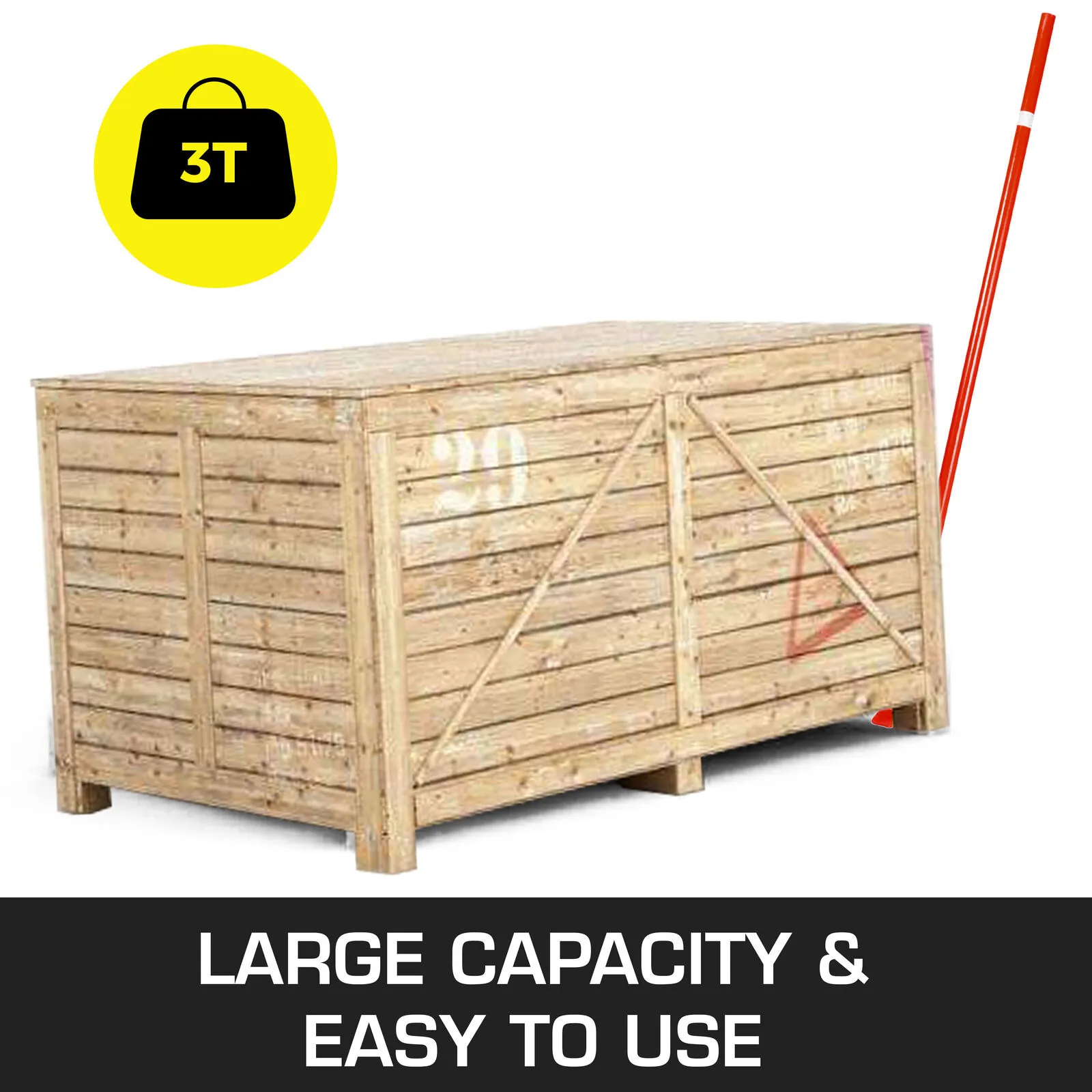 VEVOR prylever bar beside a large wooden crate marked 3t, emphasizing capacity and ease of use.