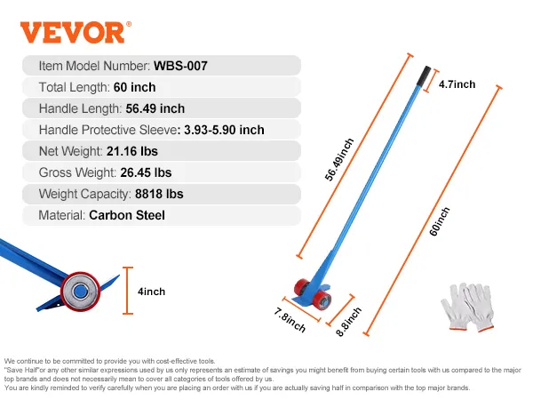 VEVOR pallet buster wbs-007, 60-inch carbon steel handle, 8818 lbs capacity, gloves included.