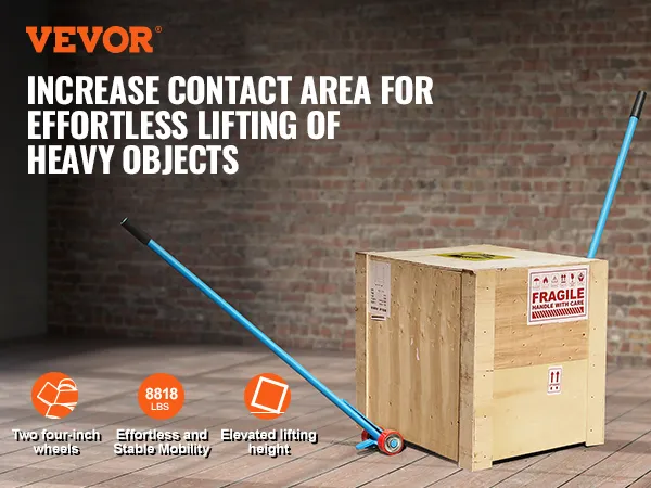 VEVOR pallet buster with ergonomic handle lifting a wooden crate labeled "fragile" on wooden floor.
