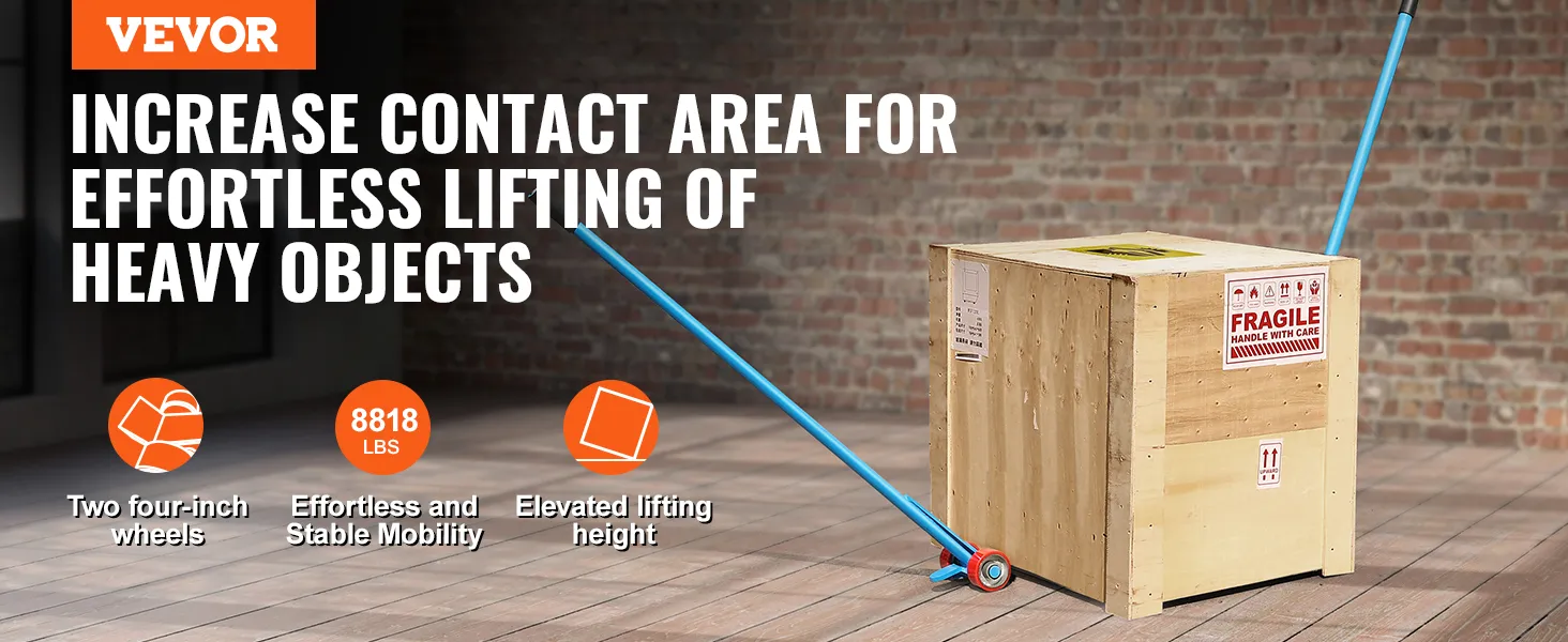 VEVOR pallet buster with ergonomic handle lifting a wooden crate labeled "fragile" on wooden floor.