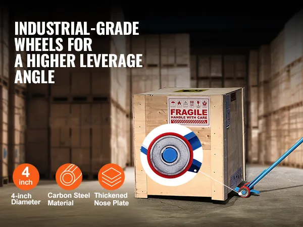 VEVOR pallet buster lifting a wooden crate labeled "fragile" with 4-inch diameter industrial wheels.