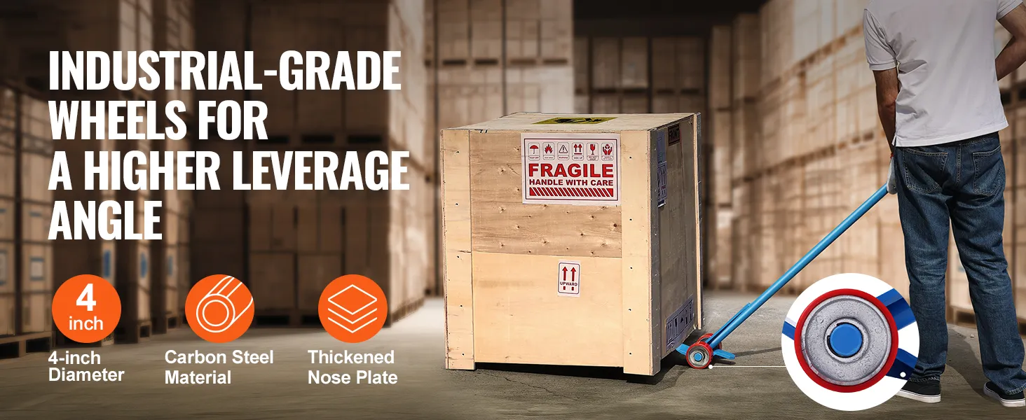 VEVOR pallet buster lifting a wooden crate labeled "fragile" with 4-inch diameter industrial wheels.