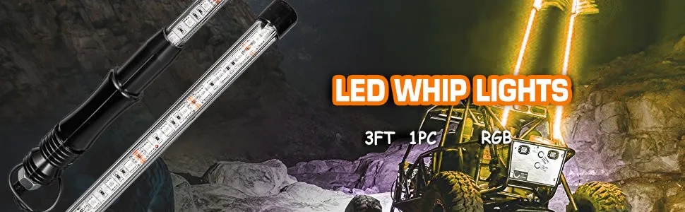 Luces LED tipo látigo VEVOR mostradas con un vehículo todoterreno iluminado por LED de colores.