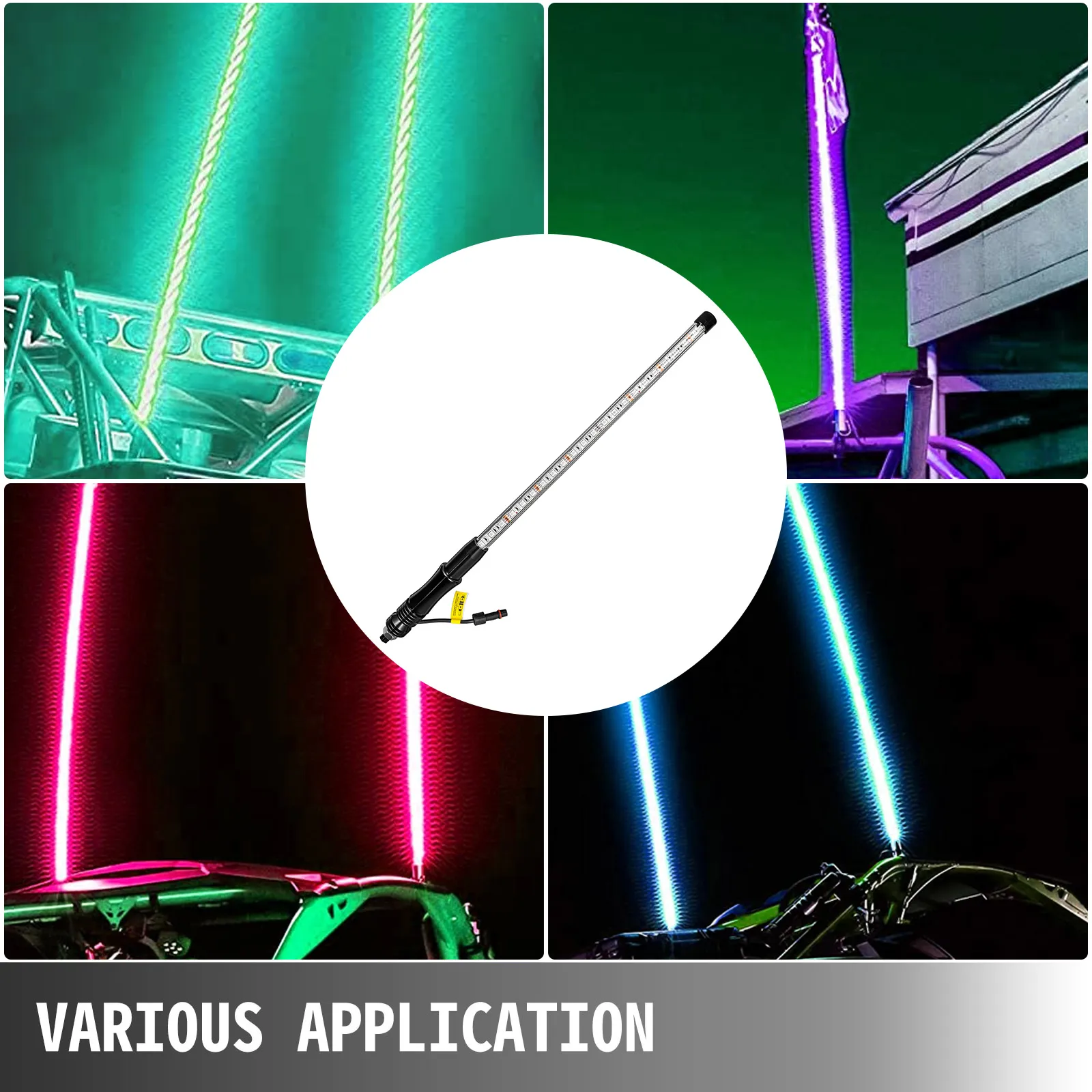 Luces LED VEVOR en varios colores en diferentes vehículos todoterreno.