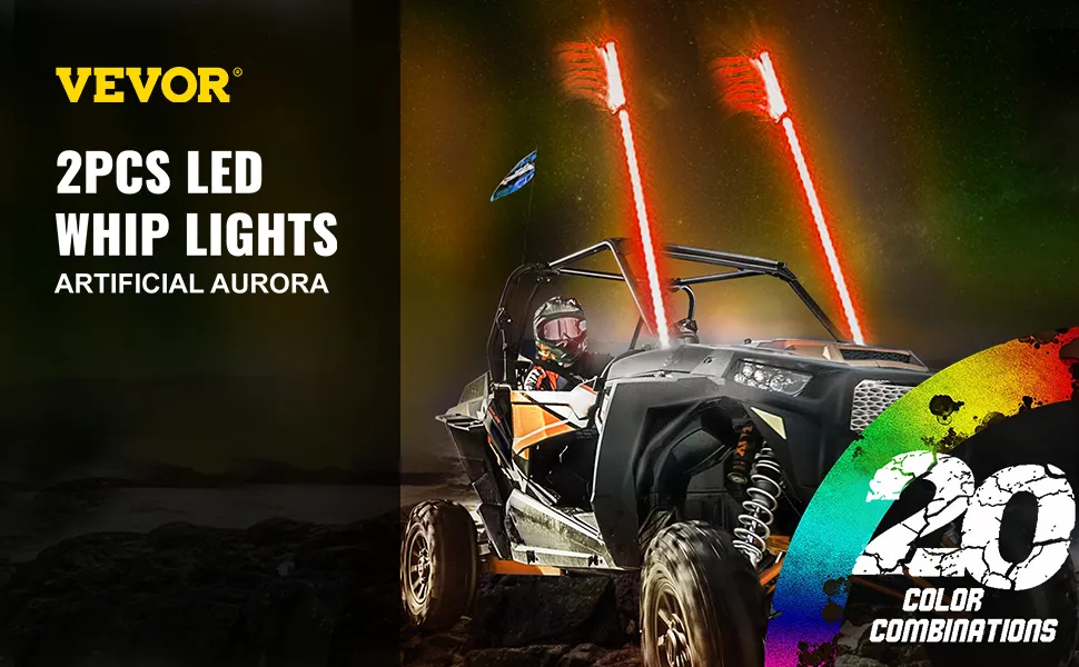 Luces LED tipo látigo VEVOR 2 piezas en un vehículo todoterreno con un fondo de aurora vibrante.