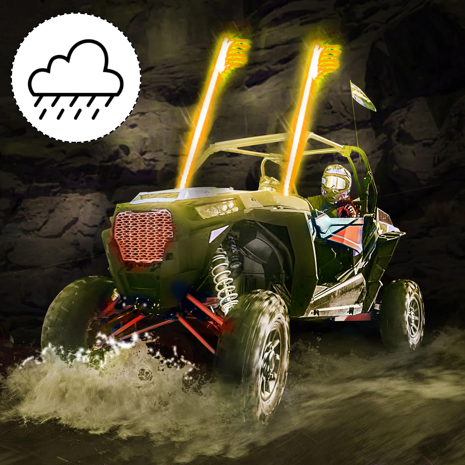 ATV conduciendo a través del barro con luces LED VEVOR que brillan intensamente en la oscuridad.