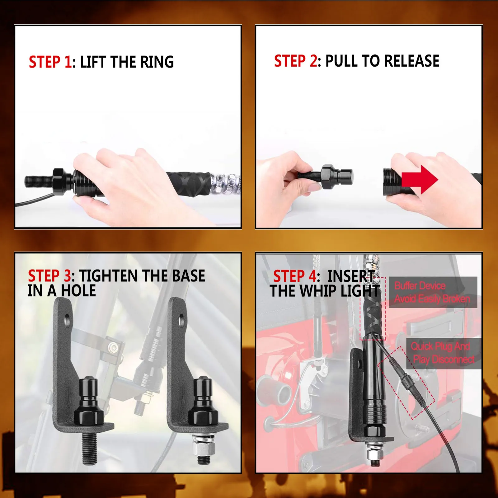 Pasos de instalación de luces LED VEVOR con manos que demuestran cada acción.