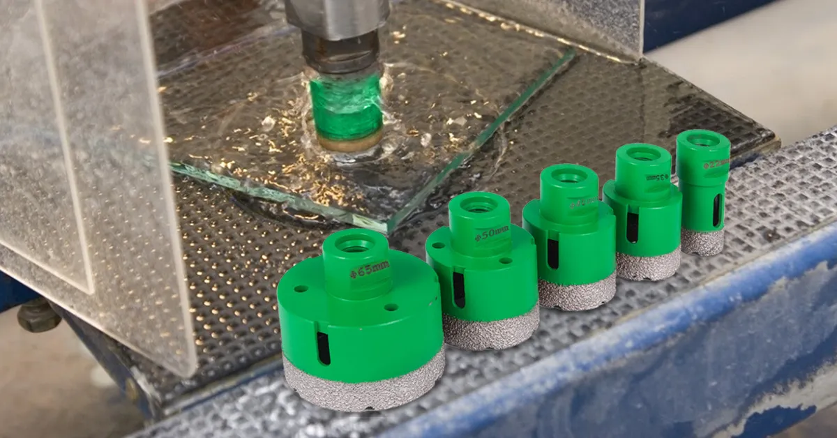VEVOR diamond hole saw set cutting glass with green drill bits of various sizes.