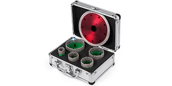 VEVOR diamond hole saw set in a metal case with various green and red bits.