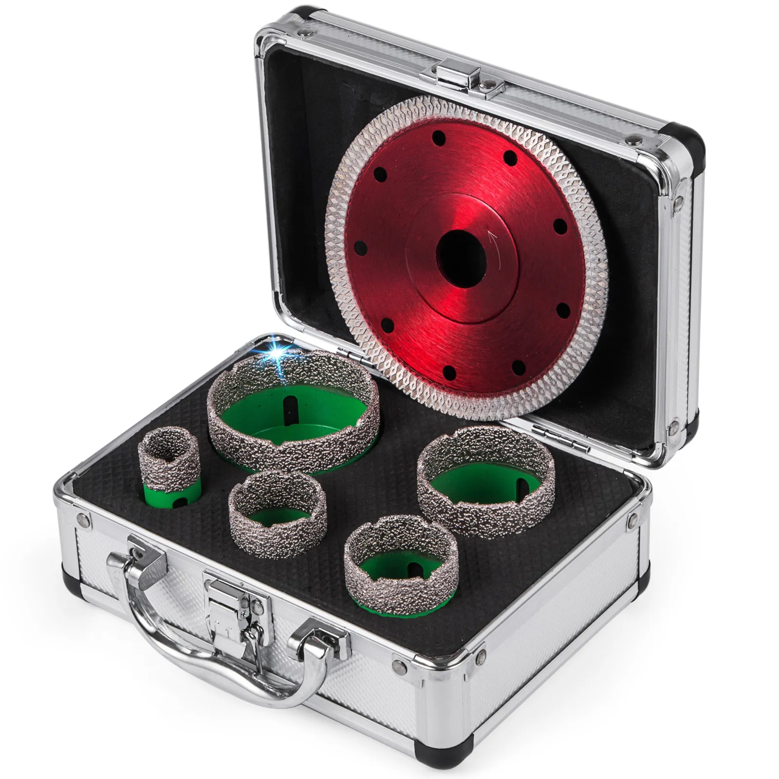 VEVOR diamond hole saw set in a metal case with six diamond hole saws and a red blade.