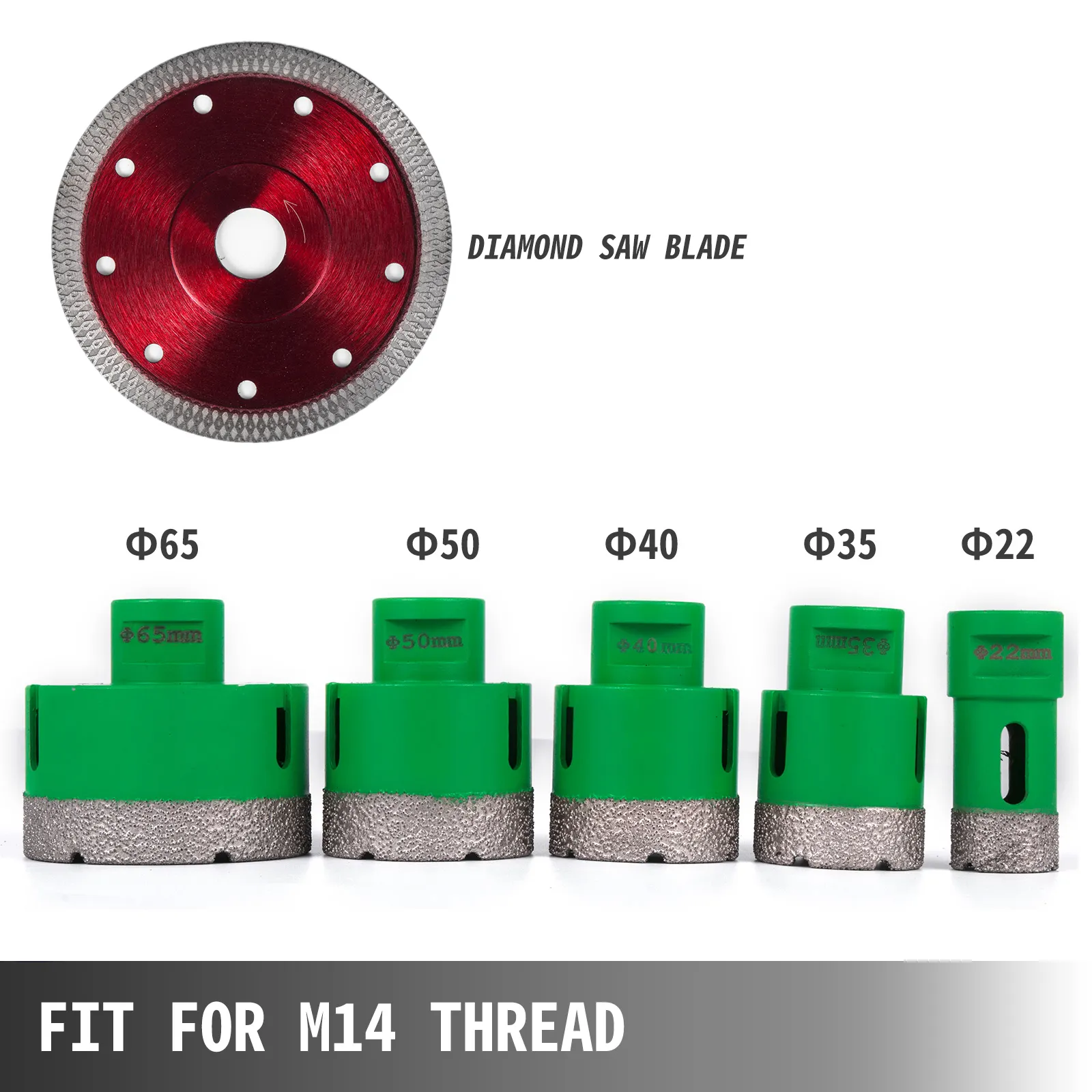 VEVOR diamond hole saw set with sizes φ65, φ50, φ40, φ35, φ22, and saw blade