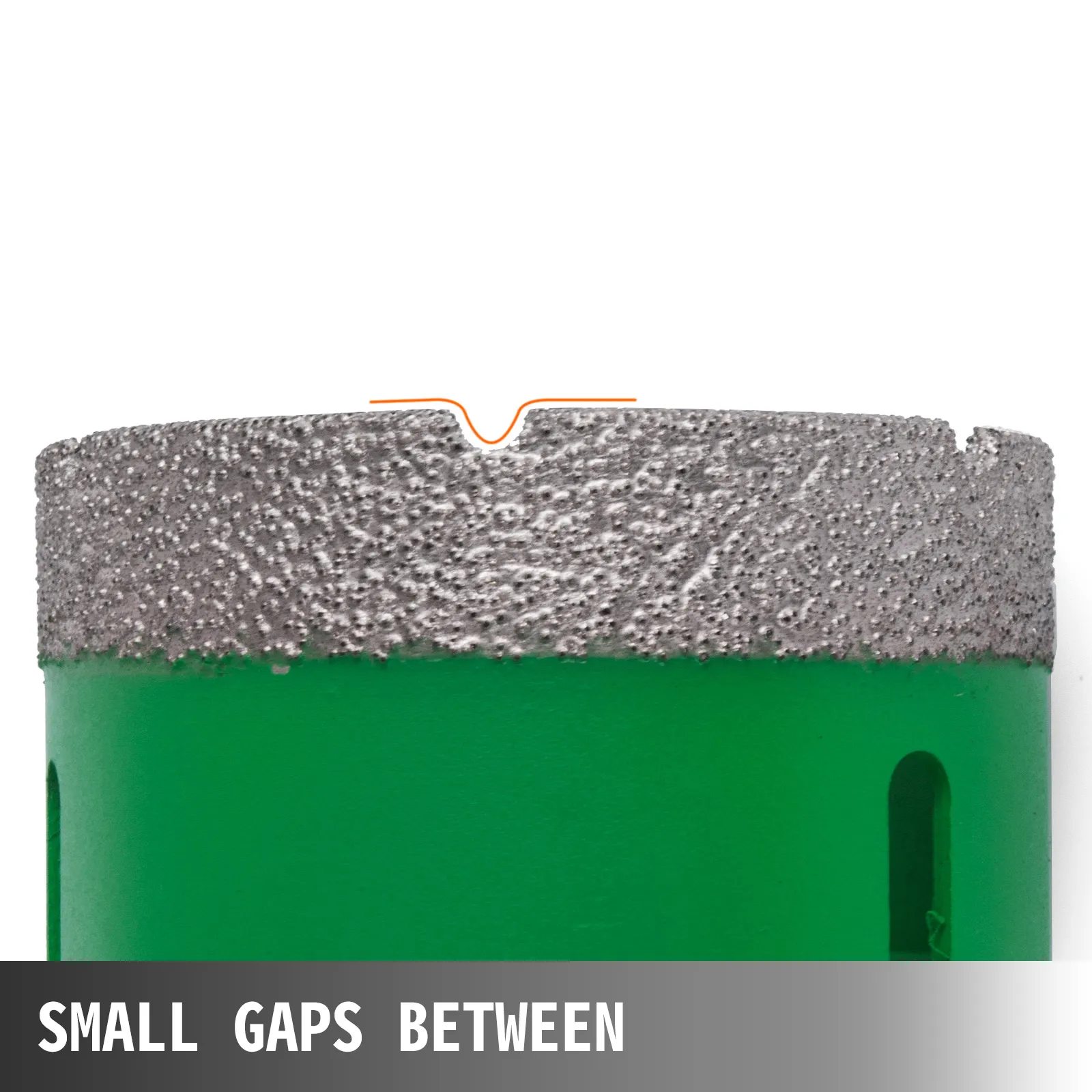 VEVOR diamond hole saw set with detailed cutting edge close-up in green and gray color.