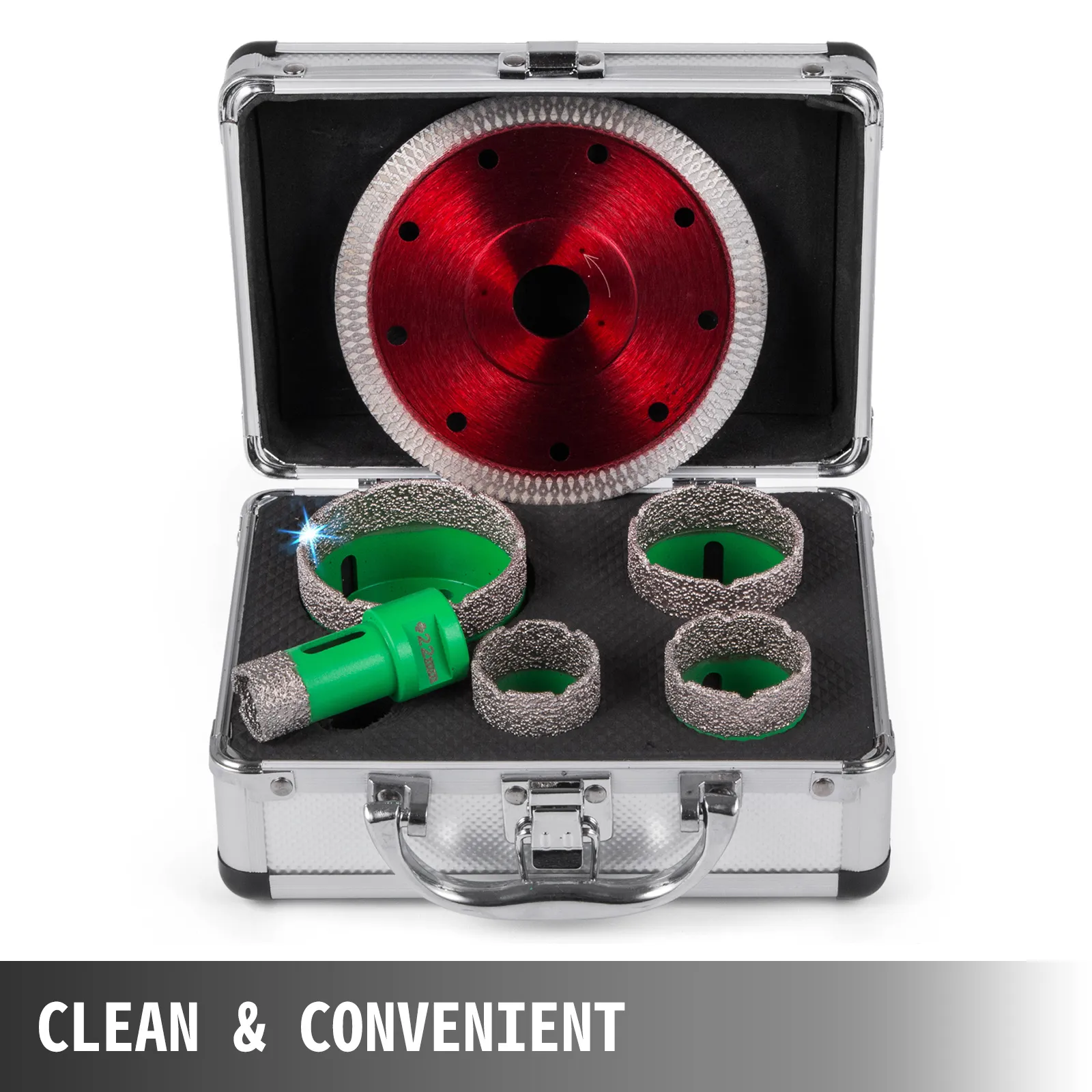 VEVOR diamond hole saw set in silver case with red and green attachments. clean & convenient